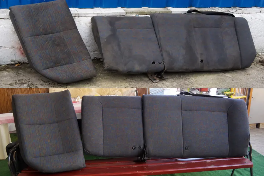 Lucrare La Nea Marinică: bancheta unei mașini înainte de spălarea tapițeriei, pătată, și după, curată